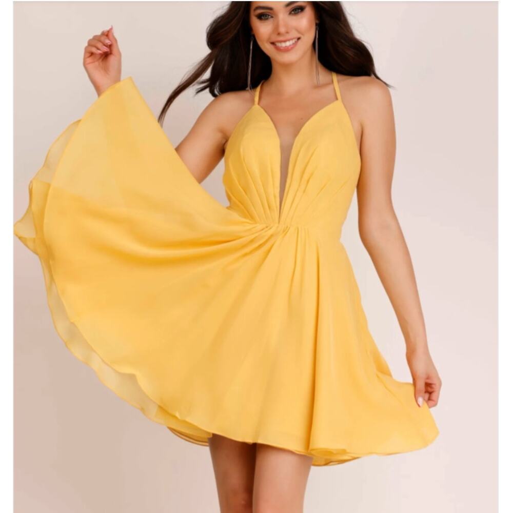 NWT Abby Paris #984911, Short A-Line Dress, Yellow, Lace Up Back, Size 0 - Picture 1 of 6